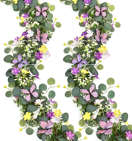 Waipfaru 2Pcs Eucalyptus Garland with Daisy 3D Butterfly, Green Garland with Flowers, 5.9FT Artificial Faux Eucalyptus Leaves Vines for Table Mantle Home Wedding Party Indoor Outdoor Decor