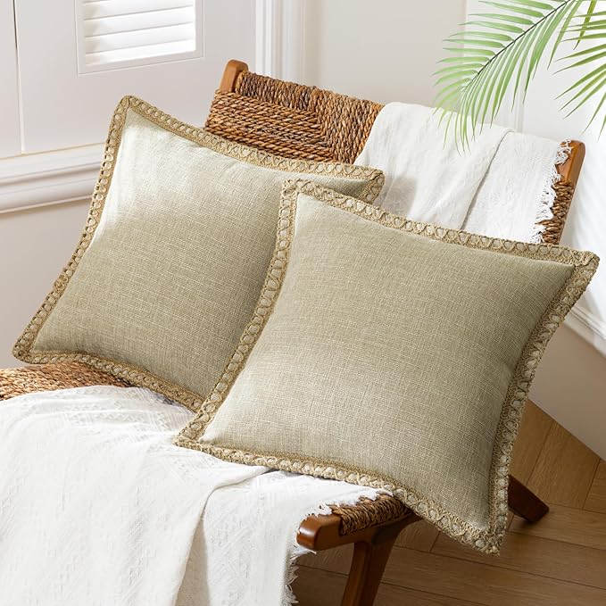 Phantoscope Pack of 2 Farmhouse Decorative Solid Throw Decorative Pillow Cover Burlap Linen Trimmed Tailored Edges, Oatmeal 24 x 24 inches 60 x 60 cm