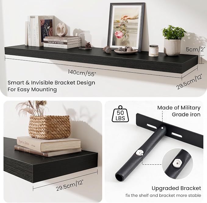 Fun Memories 55 Inch Floating Shelves for Wall - 12 Inch Deep Fireplace Mantel Shelf - Wood Floating Shelf for Wall - Large Storage Shelves Wall Mount for Living Room & Bedroom - Black - Set of 1