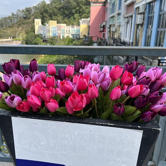 Artificial Fake Flowers for Spring Summer Outdoor Decoration,6 Bundles Realistic UV Resistant Silk Fabric Colorful Tulip Faux Plants for Outside Planter Home Porch Patio Decor(Pink Purple)
