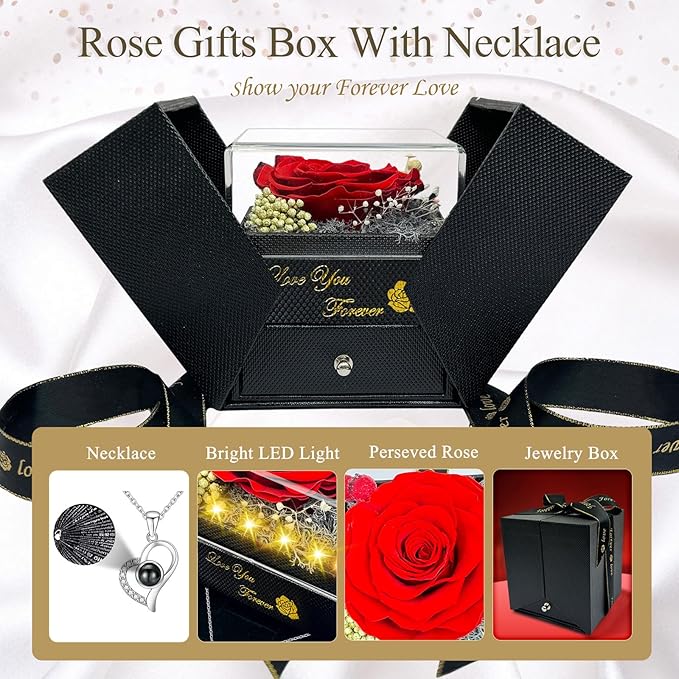 Preserved Real Rose with Heart Necklace for Her, I Love You Necklace 100 Languages Projection, for Mom Wife Girlfriend, Birthday Valentines Romantic Gifts for Women