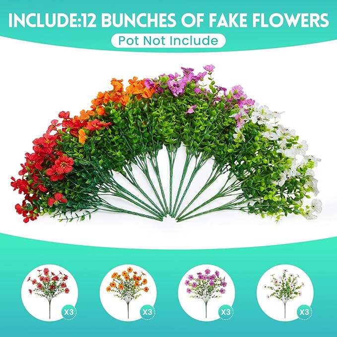 Hrobek Fake Artificial Flowers for Outdoors Faux Plants Outside Indoor,UV Resistant Realistic Silk Daisy for Home Patio Garden Back Yard Front Porch Decor Spring Summer(12 Bunches,4 Multi Colors)