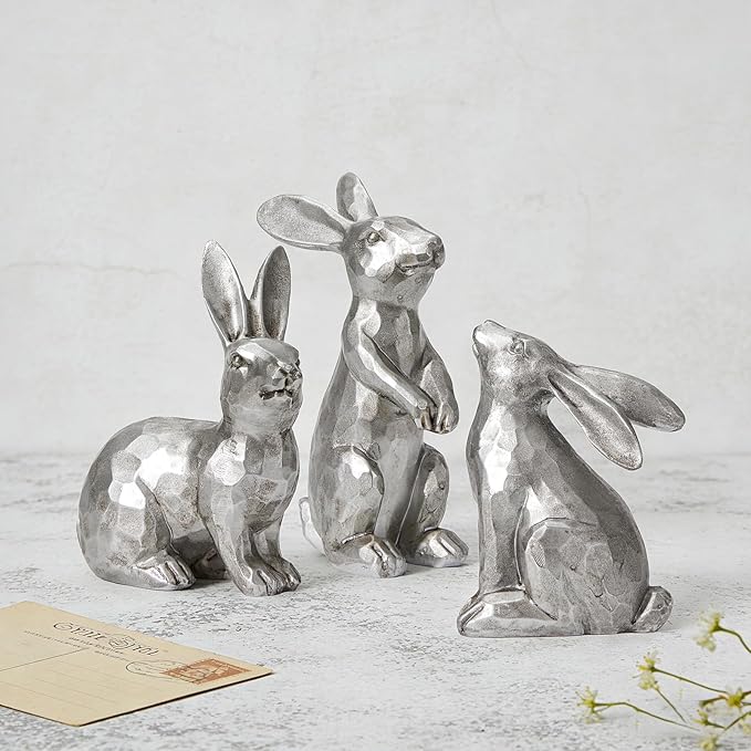 DN DECONATION Easter Bunny Figurines, Small Decorative Bunny Statue Set of 3, Easter Resin Rabbit for Vintage Tabletop Decor Home Spring Decoration Gift, Antique Silver Sculptures Decor