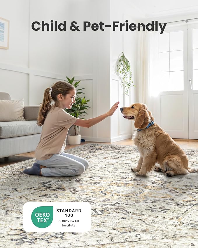 AMADA HOMEFURNISHING Washable Area Rug, Low-Profile Large Area Rug with Non-Slip Backing & Durable Edge Binding, Vintage Large Rugs for Living Room, Bedroom, Dinning Room, 9x12, Grey/Beige