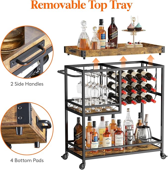 Lifewit Bar Cart, Home Bar Serving Cart, 3 Tier Drink Cart with 12 Wine Bottle Racks, Liquor Beverage Cart for Kitchen Dining Livingroom, 30 x 15.7 x 36.6 inch, Removable Top Tray, Rustic Brown