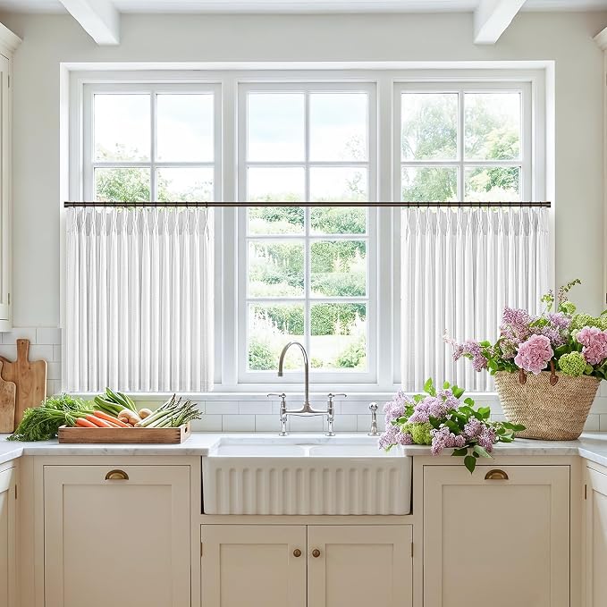 Snow White Linen Pleated Curtains 30 Inch Long 2 Panels Farmhouse Light Filtering Semi Sheer Short Cafe Basement Curtains Pinch Pleat Semi Sheer Small Kitchen Drapes for Camper RV Laundry Bathroom