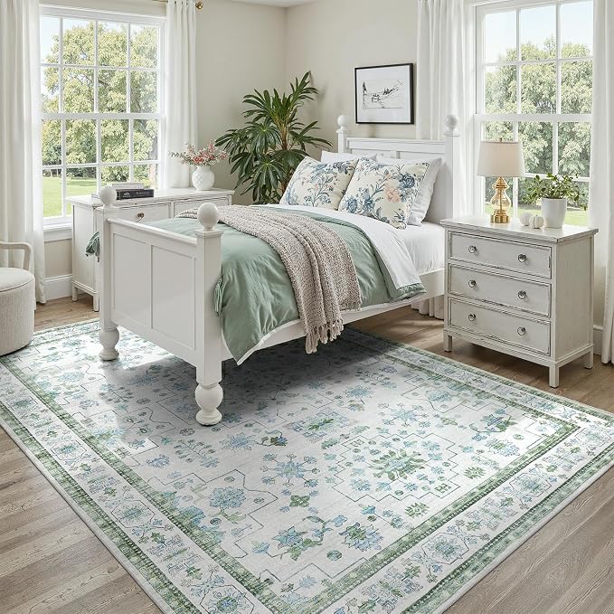 DCX Green 4x6 Rug, Kid & Pet Friendly with Rubber Back Non Slip, Machine Washable Stain Resistant Vintage Boho Floral Rug for Living Room, Bedroom, Soft Low Pile Large Nursery Carpet