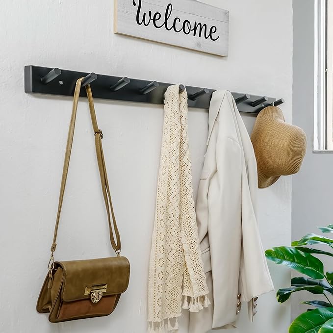 WEBI Coat Rack Wall Mounted,10 Hooks,38" Long Coat Hanger Wall Mount,Bamboo Peg Rail Hat Rack for Wall,Caps,Jacket,Clothes,Black
