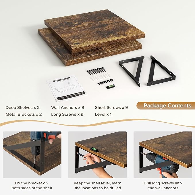 Acovy Deep Floating Shelves Wall Mounted, 12"x12" Brown Wood Shelves with Brackets Set of 2 for Bedroom, Living Room, Bathroom, Kitchen, Office - Storage & Display Shelf for Decor, Books, Plants