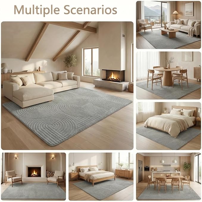 Grey 8x10 Solid Color Area Rugs – Washable Living Room Rug, Modern Geometric Non-Slip Indoor Carpet with Soft High-Low Pile, Fluffy Floor Rugs for Bedroom, Kids Room, Nursery, Home Décor