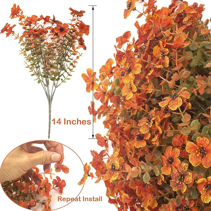 Grunyia 16 Bundles Artificial Fall Flowers for Outdoors Fake Plants UV Resistant Plastic Plants Shrubs Bushes for Home Fall Front Door Porch Garden Autumn Decor (Fall Red)