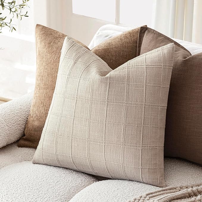 Foindtower Set of 2 Decorative Linen Check Throw Pillow Covers Neutral Farmhouse Vintage Cushion Covers Modern Boho Home Decor for Sofa Chair Couch Bedroom Living Room,20×20 Inch,Natural Linen