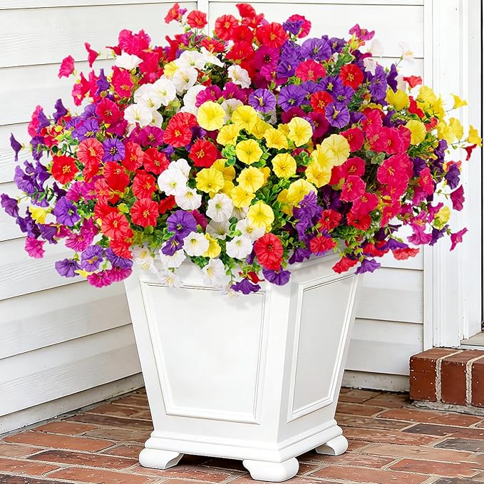 Hrobek Artificial Flowers for Outdoors, 12 Bundles Fake Plastic Petunias Flower Plant, Faux UV Resistant Silk Morning Glory for Outside Planter Garden Front Porch Door Spring Summer Decor