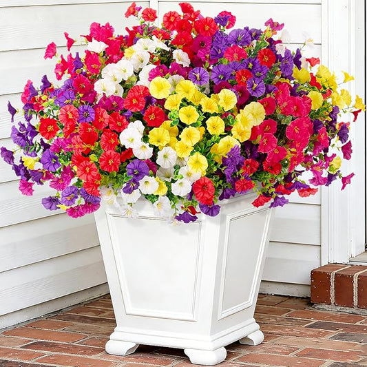 Hrobek Artificial Flowers for Outdoors, 12 Bundles Fake Plastic Petunias Flower Plant, Faux UV Resistant Silk Morning Glory for Outside Planter Garden Front Porch Door Spring Summer Decor