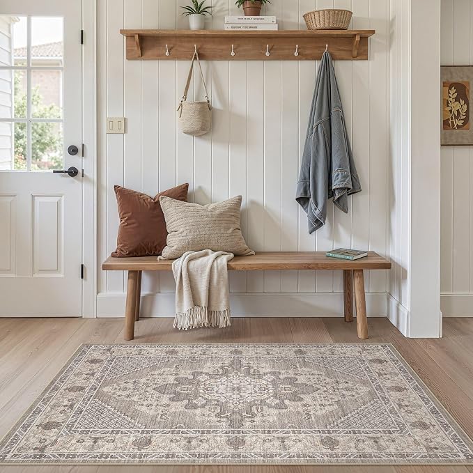 Tortania Area Rug Living Room Rugs - 3x5 Washable Rug Vintage Oriental Distressed Farmhouse Small Thin Indoor Carpet for Living Room Bedroom Under Dining Table Home Office - Taupe Brown