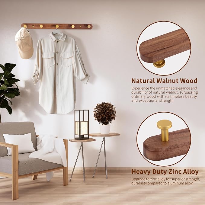 Wall Mounted Coat Rack, Entryway Hanging Coat Rack, Metal Wood Coat Rail with 5 Rustic Hooks Rail for Coat, Scarf, Bag, Towel, Key, Cap, Hat, Walnut Gold Matt