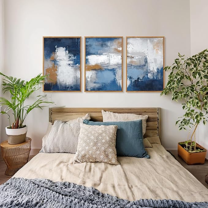 HOURIA 3Pcs Large Abstract Navy Blue Framed Canvas Wall Art Set(16"x24"),Minimalist Modern Blue Grey White Wall Decor,Neutral Blue Toned Color Block Shapse Art Print for Living Room Bedroom Office