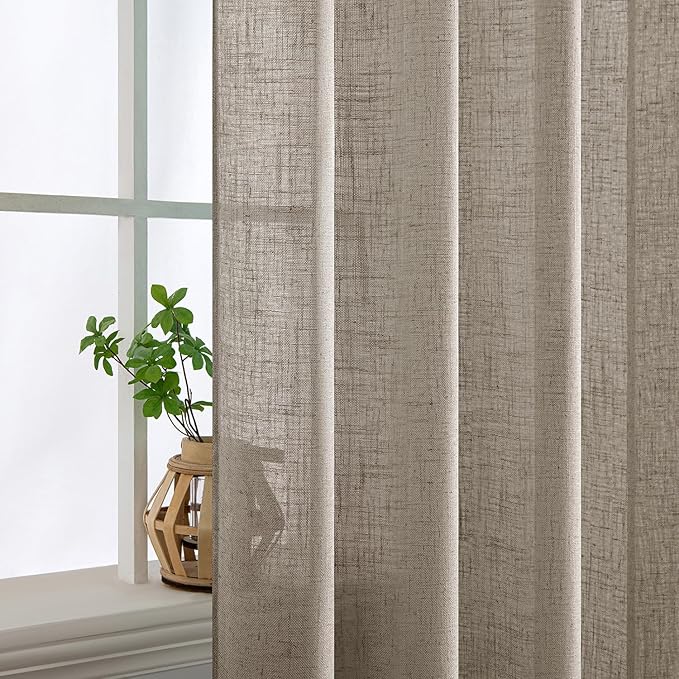 MIULEE Burlywood Birch Linen Curtains 54 Inch Length 2 Panels for Bedroom Living Room, Soft Linen Textured Window Drapes Semi Sheer Light Filtering Back Tab Rod Pocket Farmhouse Burlap Look Decor