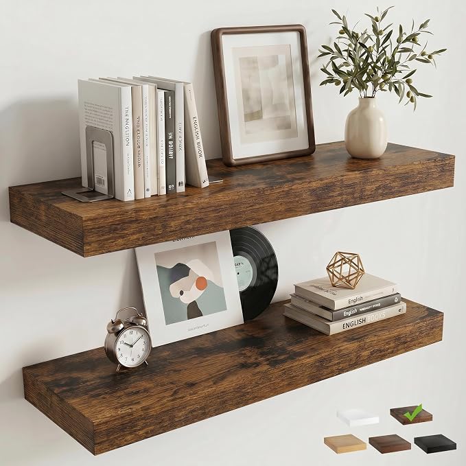 24 Inch Floating Shelves for Wall, 8"D Wood Storage Shelves, Brown Finish | Engineered Wood, Invisible Bracket, Large Storage, Easy Install, Hold Up to 44lbs, Living Room, Bathroom, Bedroom, Kitchen