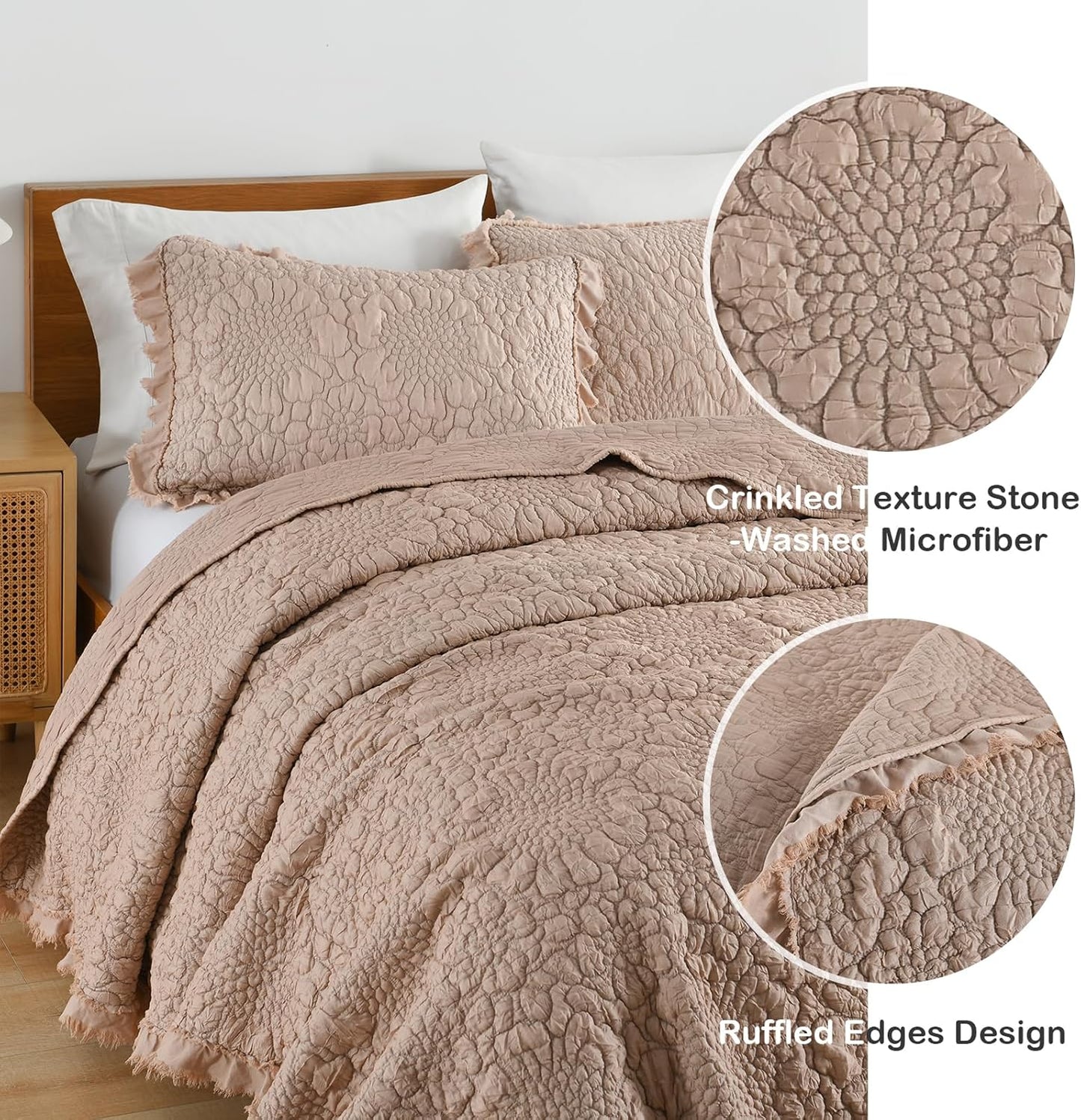 HORIMOTE HOME Pinkish Grey Ruffled Quilt Twin Size, Stone-Washed Microfiber Lightweight Crinkled Farmhouse Rustic Shabby Chic Bedding Set, 2 Pieces Reversible Bedspread with Pillow Sham for All Season