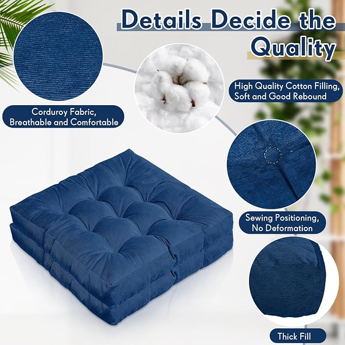 Jerify 4 Pcs Floor Pillow Cushions Large Round Square Large Meditation Floor Pillow for Classroom Adult Meditation Picnic Party Seating Learning Daycare School (Square,Navy Blue)