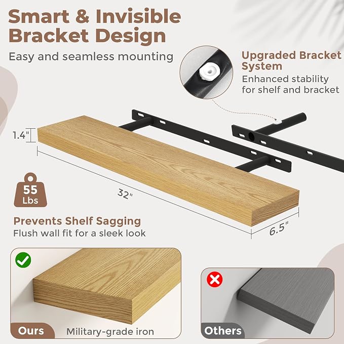 Venusmiles Floating Shelves for Wall, 32 Inch Floating Shelves Set of 2, 6.5" D Wooden Wall Mounted Display Shelves with Invisible Brackets for Living Room, Bedroom, Bathroom, Kitchen Decor, Oak