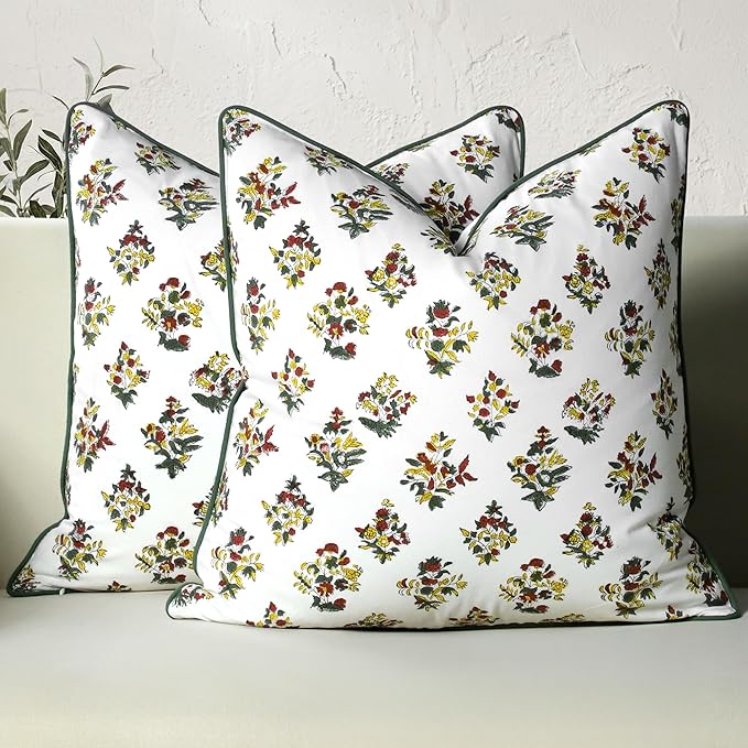 CPC 100% Cotton Throw Pillow Covers 18x18 Inch, Set of 2 Green Block Print Pattern Couch Pillow, Cute Boho Decorative Pillows for Living Room, Bedroom with Hidden Zipper- Fall Green