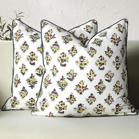 CPC 100% Cotton Throw Pillow Covers 24x24 Inch, Set of 2 Green Block Print Pattern Couch Pillow, Cute Boho Decorative Pillows for Living Room, Bedroom with Hidden Zipper- Fall Green