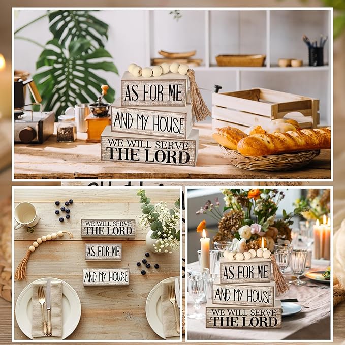 Yuntau 4 Pcs Farmhouse Bible Verse Decor Farmhouse Tiered Tray Decor Rustic Retro Wood Bead Garlands for Me and My House We Will Serve the Lord Block Christian Jesus Sign for Home Shelf Mantel