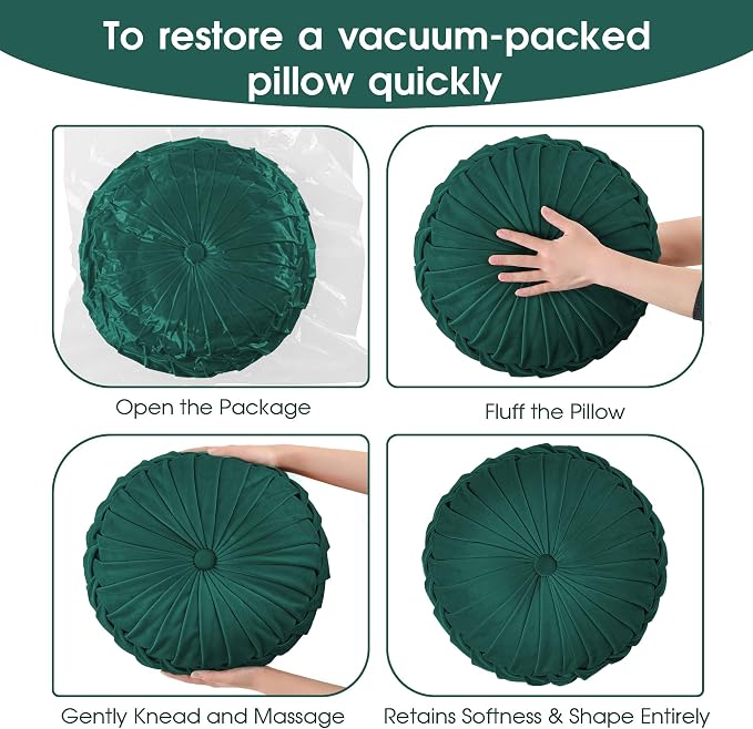 ROSE&RISY Round Pleated Velvet Throw Pillows, 2 Pack Decorative Accent Pumpkin Pillow Cushion for Couch Sofa Bed, Soft Plush Retro Vanity Throw Pillows for Home Decor, 14.5 Inch, Teal