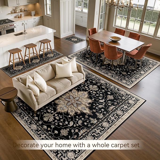 RELEANY Area Rugs 5'x8' Washable Non-Slip, Floral Vintage Distress Print Pattern Medallion Carpet for Living Room Bedroom Dining Room, Black Brown Neutral Dark Tan