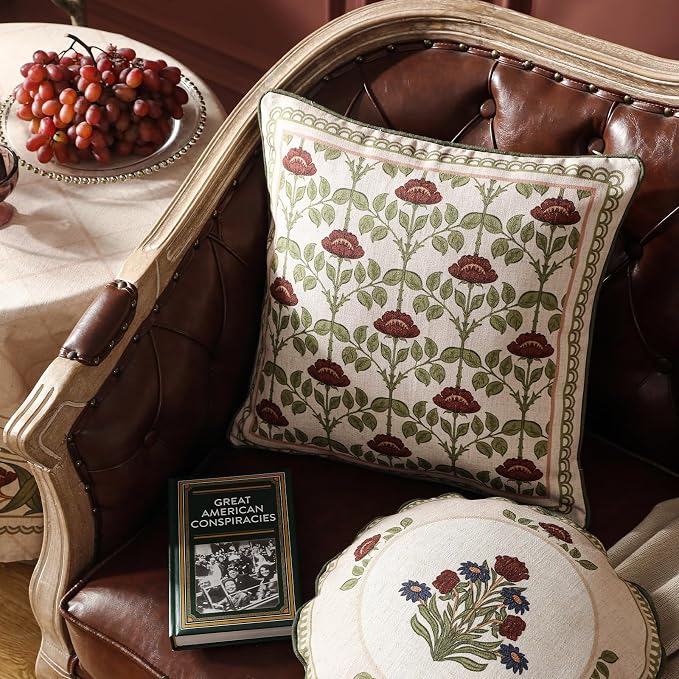 ISAENNE Elegant French Linen Throw Pillow Cover,Set of 2,18"x18"-Estonia D | Designer Vintage Square Pillow Cover,Concealed Zipper Design,Floral Pattern,Sofas,Bedroom,Living Room,Lounge Chairs