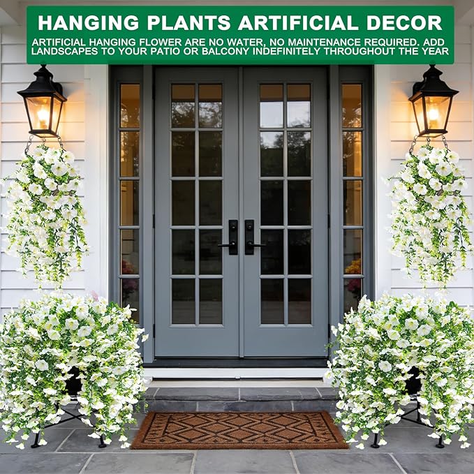 4PCS Artificial Hanging Flowers for Outdoors Summer Decoration, Fake Hanging Plants Faux Petunias with Eucalyptus, UV Resistant No Fade Plastic Realistic Silk Flowers for Porch Patio Balcony Indoor