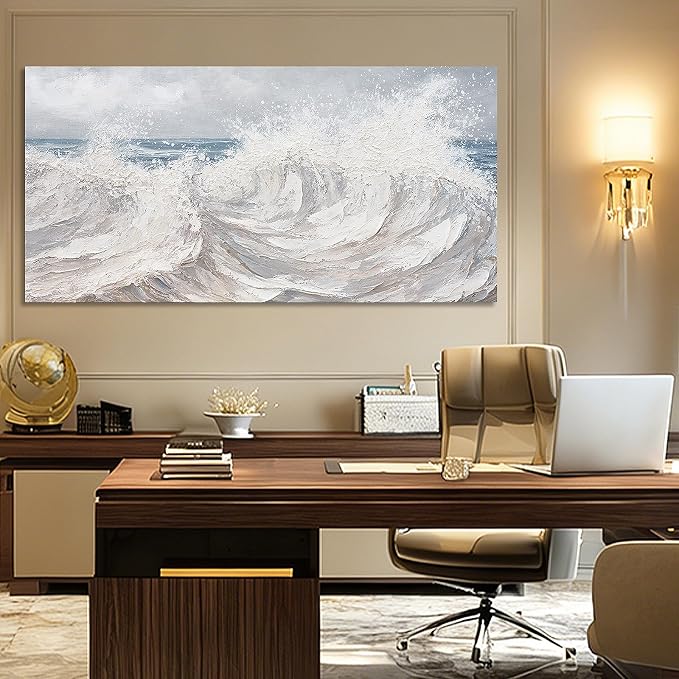 ZUNARE Abstract Ocean Wave Wall Art Blue Sea Canvas Painting with Gray Sky and Textured White Brown Waves, Moody Seascape Artwork for Living Room Bedroom Kitchen Office 24"x48"