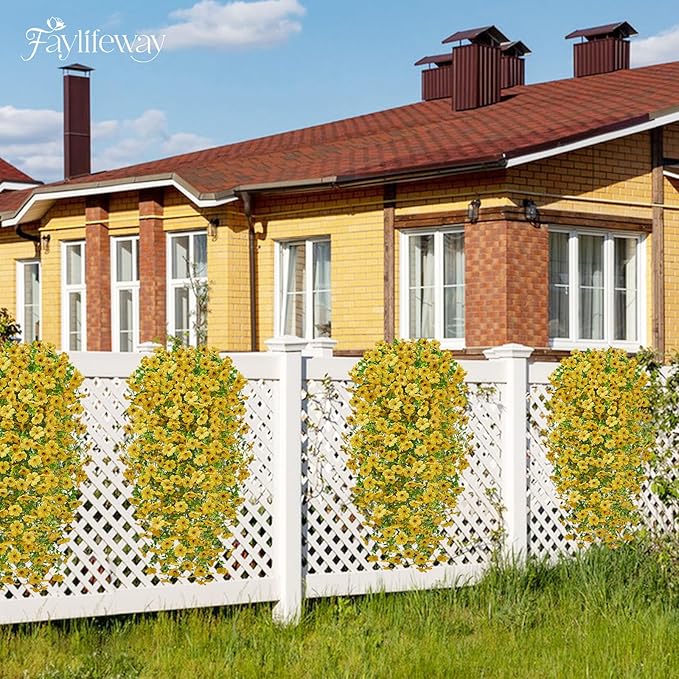 Artificial Hanging Flowers for Outdoors Spring Summer Decoration, 4PCS UV Resistant Silk Fake Hanging Plants for Patio Porch Front Yard Window Garden Indoor Decor(Yellow,4PCS)