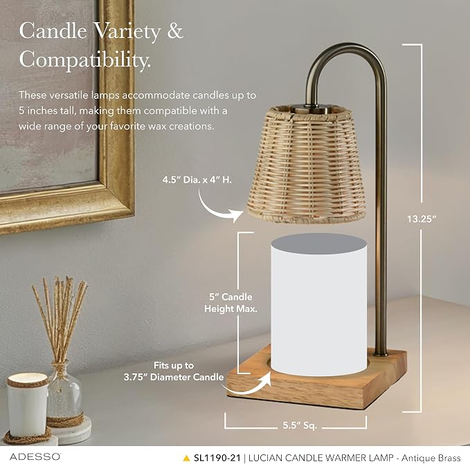Adesso Candle Warmer Lamp – Flameless Candle Melter with Adjustable Timer & Dimmable Light, Bulb Included, Antique Brass Base & Rattan Shade, for Home, Dorm, or Office