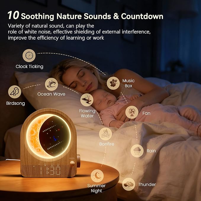 blonbar Sunrise Alarm Clocks with Dimmable Moon Lamp, 2 Alarm Clocks with 12Levels Volume for Heavy Sleepers, 10 Natural Sounds with 30/60/90mins Timer for Bedrooms, Gifts for Women (brown woodgrain).