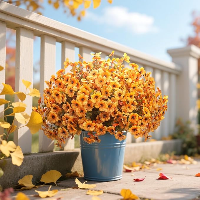 Grunyia 16 Bundles Artificial Fall Flowers UV Resistant Faux Greenery, All Weather Outdoor Autumn Decor for Thanksgiving Christmas Wedding Home Garden Fireplace Party Décor (Fall Orange Yellow)