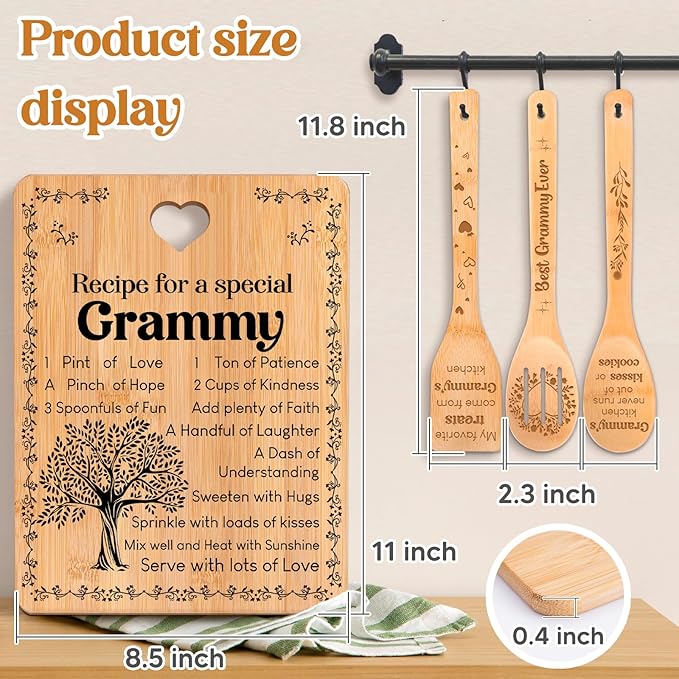 Grammy Gifts - "Recipe for a Special Grammy" Gifts for Grammy Cutting Board Set, Bamboo-Made Engraved Utensil Set Grammy Cutting Board, Mothers Day Gifts for Grammy.