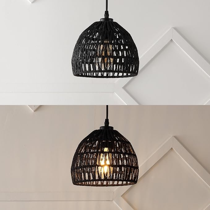 JONATHAN Y 8.25" Black Modern Bohemian Woven Rope LED Pendant Light Fixture, Adjustable Dome Ceiling Lamp for Kitchen Island, Rope Shade, Coastal Farmhouse Decor (JYL6512B)
