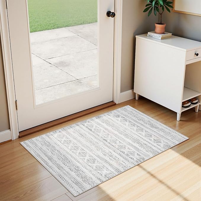 Tortania Area Rug Living Room Rugs - 2x3 Washable Soft Neutral Boho Moroccan Farmhouse Mat Indoor Floor Carpet for Bedroom Under Dining Table Home Office Decor - Ivory Gray