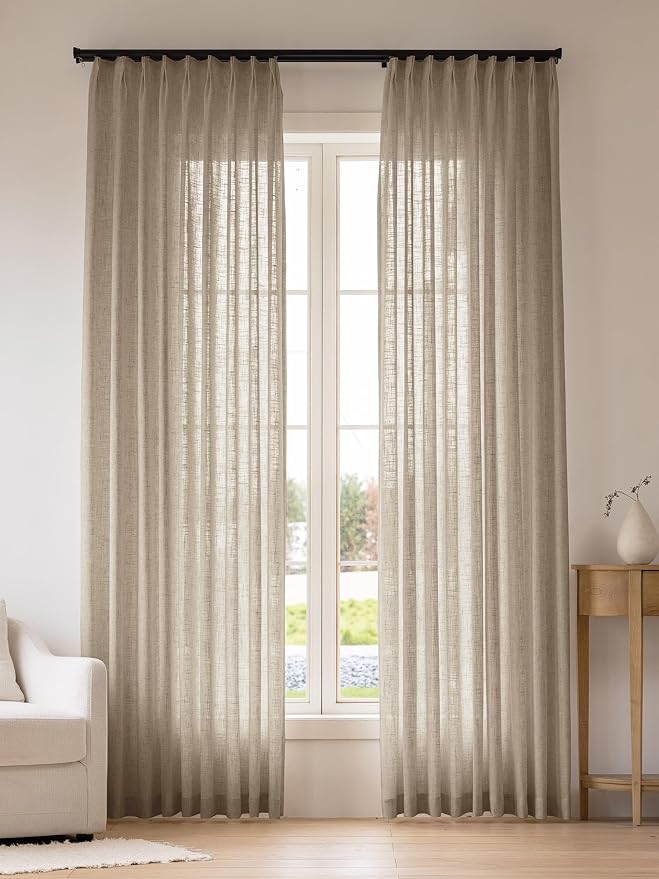 THREE GIRLS Pinch Pleated Linen Curtains 84 Inch Length 2 Panels, Light Filtering Linen Blend Drapes 40" W x 84" L, Taupe Grey Neutral Curtains for Living Room Bedroom with Hooks