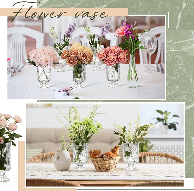 9 Pcs (H: 7" W: 4") Embossed Flower Vase Pedestal Glass Vase Big Base Thickened Crystal Vintage Vases for Wedding Party Home Decor Table Centerpiece House Warming Gifts (Clear,Stylish)