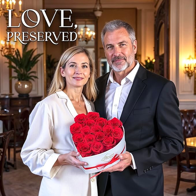 GLAMOUR BOUTIQUE Preserved Roses in a Box - Gifts for Her, Wife & Mom, Rose Flowers Forever Decor for Birthday Gift, Get Well Flower Bouquet Cased in White Box with Cover - Red - 16 (Color-Treated)