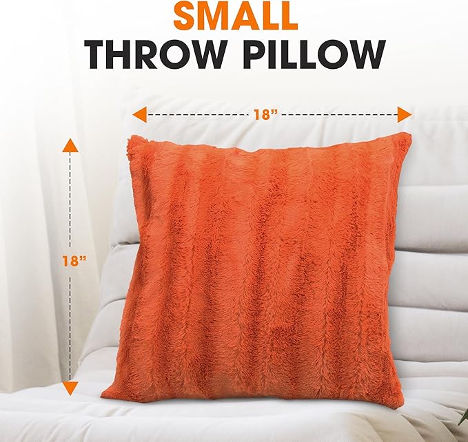 Cheer Collection Faux Fur Throw Pillows - Fall Decorative Throw Pillows for Couch, Bed Throw Pillows, Rust Accent Pillows for Bedroom or Living Room Aesthetic, Set of 2 Furry Throw Pillows, 18”x18”