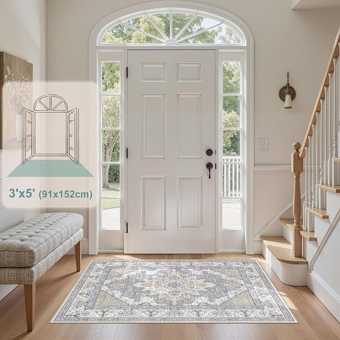 Tortania Area Rug Living Room Rugs - 3x5 Washable Rug Vintage Oriental Distressed Farmhouse Small Thin Indoor Carpet for Living Room Bedroom Under Dining Table Home Office - Blue Beige
