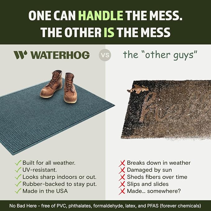 WaterHog Squares Front Door Mat Indoor Outdoor Entrance, Absorbent All-Weather Doormat with Non-Slip Rubber Backing, Dirt & Moisture Trapper, Low Profile, Easy Clean, Made in USA 35.5"x59.5" Bluestone
