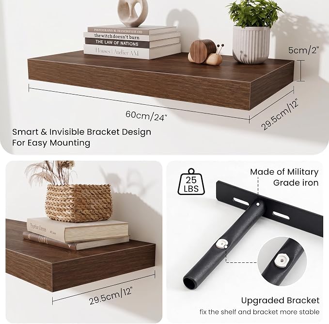 Fun Memories 24 Inch Floating Shelves Wall-Mounted, 12 Inch Deep Wall Shelves, 24 x 12 Floating Shelf, Deep Storage Shelf for Living Room Bathroom Bedroom, Walnut, Set of 2