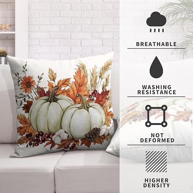 Fall Pumpkin Pillow Covers 20x20 Set of 2 Autumn Harvest Throw Pillow Covers Maple Leaves Pillowcase Thanksgiving Cushion Case for Home Decor Outdoor Sofa