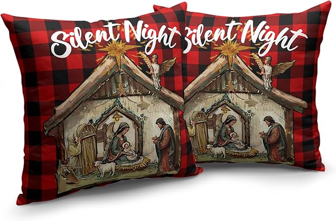 Jesus Nativity Pillow Case Set of 2 Xmas O Holy Night Silent Night Throw Pillow Covers Red Buffalo Plaid Christmas Pillow Covers 22x22 for Living Room Couch Bedroom